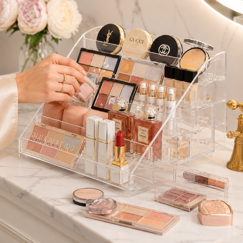 Luxury Bathroom Cosmetic Organizer Acrylic Makeup Storage Box Vanity Organizer Cosmetic Display Case Skincare Organizer Makeup Holder Lipstick Organizer Perfume Organizer Beauty Storage Container Countertop Organizer Wholesale
