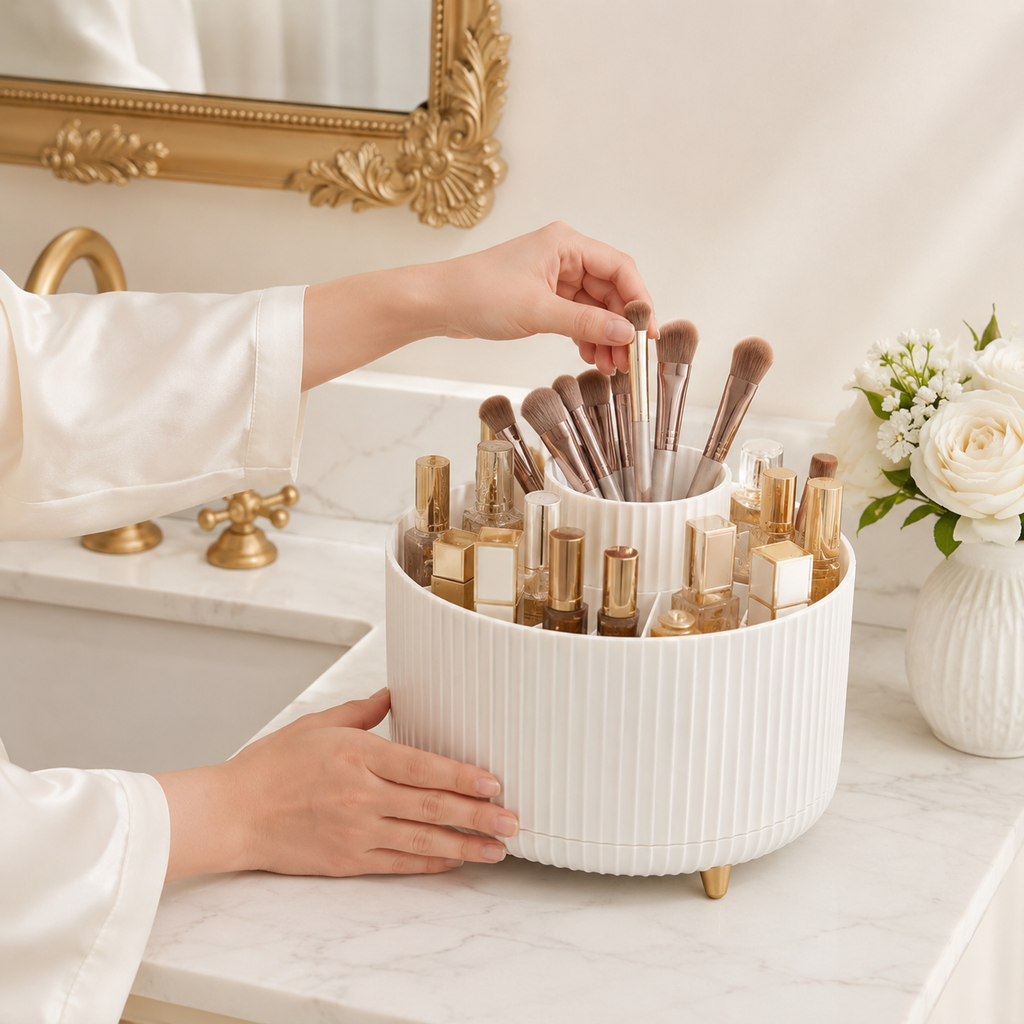 360° Rotating Makeup Organizer - 1pc Plastic Cosmetic Storage with 5 Compartments - Multi-Functional Holder for Brushes