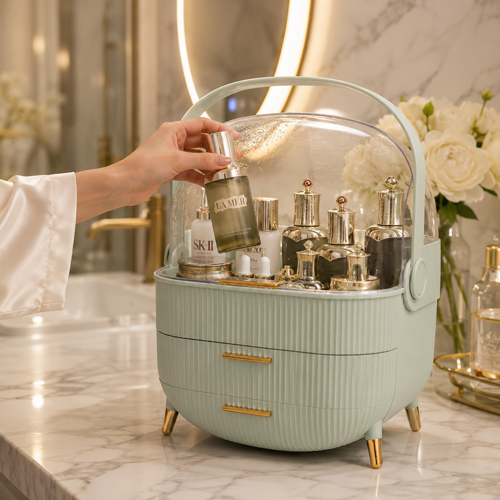 Luxury Bathroom Cosmetic Organiser Travel Makeup Storage Box with Clear Dustproof Cover Portable Vanity Skincare Display Case Large Capacity Drawer Beauty Organizer Wholesale Home Hotel Countertop Gift