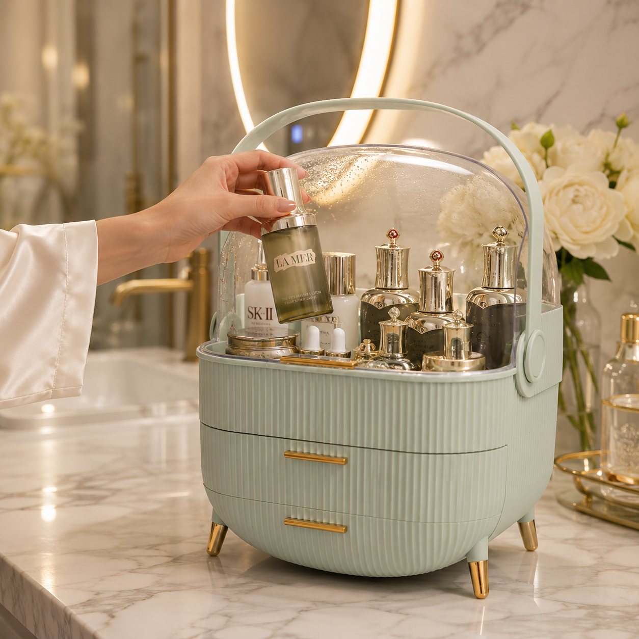 Luxury Bathroom Cosmetic Organiser Travel Makeup Storage Box with Clear Dustproof Cover Portable Vanity Skincare Display Case Large Capacity Drawer Beauty Organizer Wholesale Home Hotel Countertop Gift