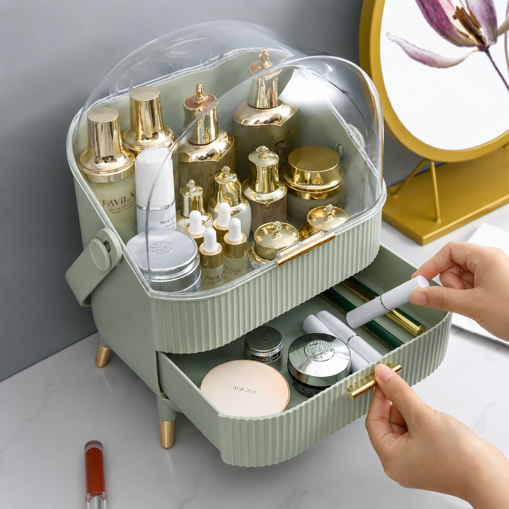 Luxury Bathroom Cosmetic Organiser Travel Makeup Storage Box with Clear Dustproof Cover Portable Vanity Skincare Display Case Large Capacity Drawer Beauty Organizer Wholesale Home Hotel Countertop Gift