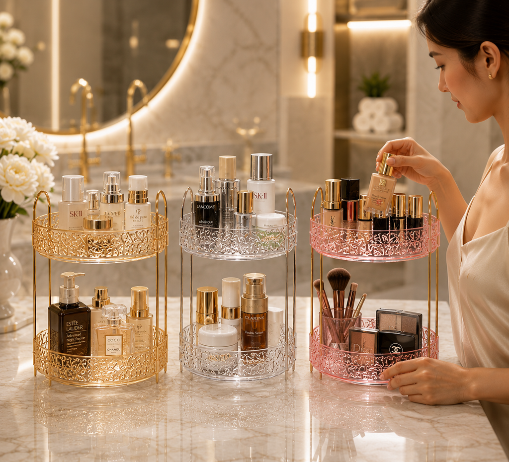Bathroom Cosmetic Luxury Organiser Wholesale Gold Acrylic Makeup Storage Rack Skincare Organizer Vanity Countertop Display Shelf Perfume Holder Beauty Product Storage Stand Bathroom Accessories Makeup Brush Cosmetic Organizer