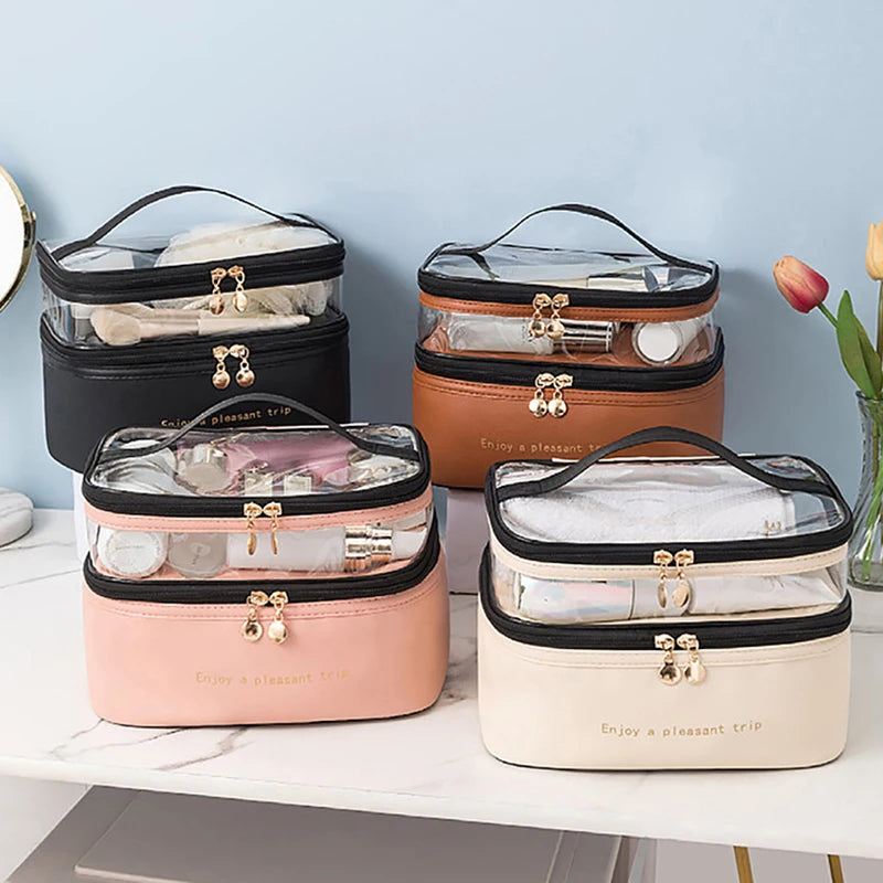 Luxury Clear Double Layer Travel Makeup Bag Cosmetic Organizer Waterproof Toiletry Storage Case Portable Bathroom Vanity Cosmetic Pouch Large Capacity Skincare Makeup Storage Bag Beauty Organizer Travel Cosmetic Case Wholesale Supplier