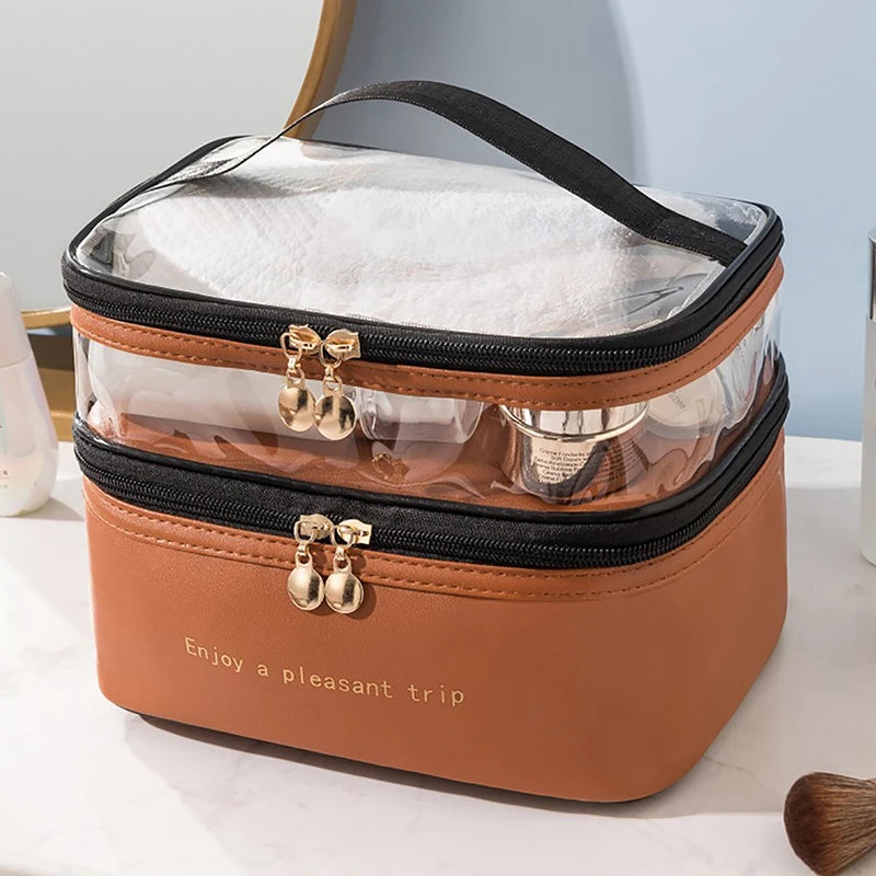Luxury Clear Double Layer Travel Makeup Bag Cosmetic Organizer Waterproof Toiletry Storage Case Portable Bathroom Vanity Cosmetic Pouch Large Capacity Skincare Makeup Storage Bag Beauty Organizer Travel Cosmetic Case Wholesale Supplier