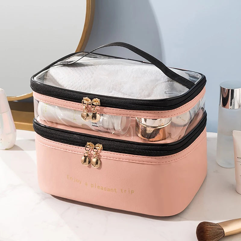 Luxury Clear Double Layer Travel Makeup Bag Cosmetic Organizer Waterproof Toiletry Storage Case Portable Bathroom Vanity Cosmetic Pouch Large Capacity Skincare Makeup Storage Bag Beauty Organizer Travel Cosmetic Case Wholesale Supplier