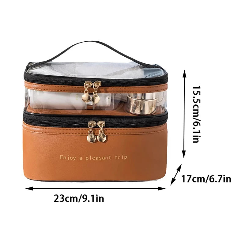 Luxury Clear Double Layer Travel Makeup Bag Cosmetic Organizer Waterproof Toiletry Storage Case Portable Bathroom Vanity Cosmetic Pouch Large Capacity Skincare Makeup Storage Bag Beauty Organizer Travel Cosmetic Case Wholesale Supplier