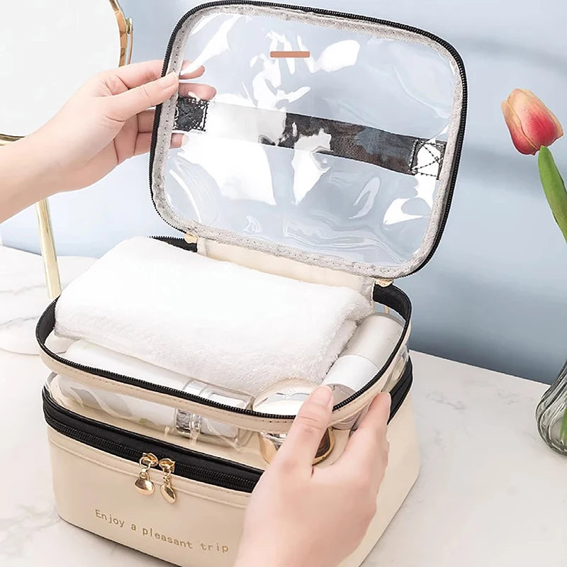 Luxury Clear Double Layer Travel Makeup Bag Cosmetic Organizer Waterproof Toiletry Storage Case Portable Bathroom Vanity Cosmetic Pouch Large Capacity Skincare Makeup Storage Bag Beauty Organizer Travel Cosmetic Case Wholesale Supplier