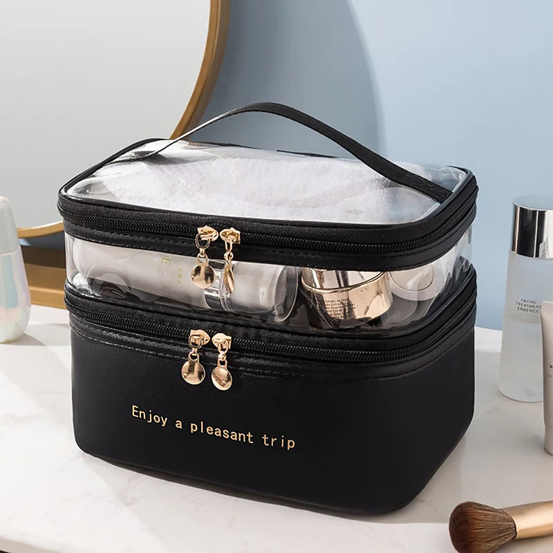 Luxury Clear Double Layer Travel Makeup Bag Cosmetic Organizer Waterproof Toiletry Storage Case Portable Bathroom Vanity Cosmetic Pouch Large Capacity Skincare Makeup Storage Bag Beauty Organizer Travel Cosmetic Case Wholesale Supplier