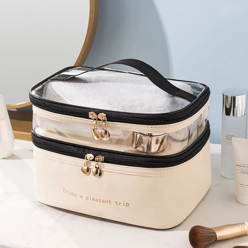 Luxury Clear Double Layer Travel Makeup Bag Cosmetic Organizer Waterproof Toiletry Storage Case Portable Bathroom Vanity Cosmetic Pouch Large Capacity Skincare Makeup Storage Bag Beauty Organizer Travel Cosmetic Case Wholesale Supplier